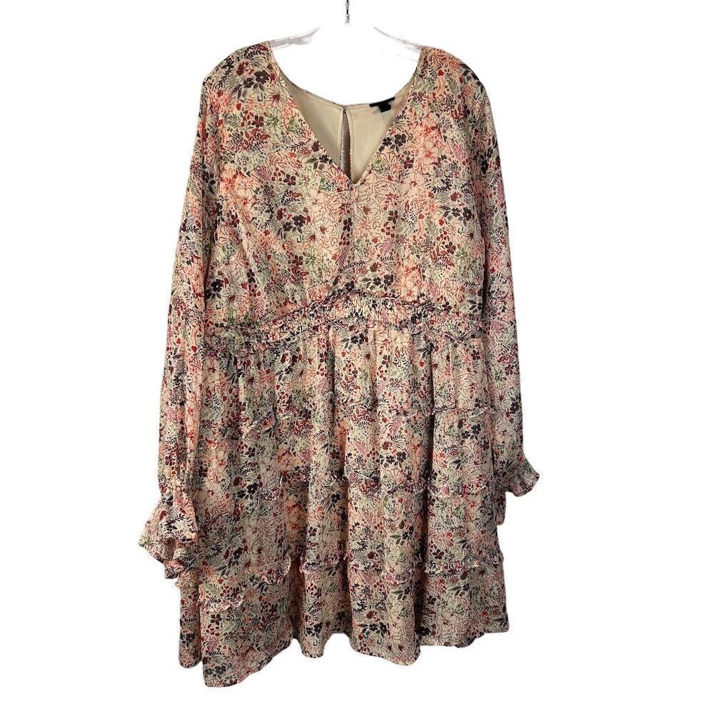 Torrid Plus Size 3X Floral Mini Tiered Dress Long Sleeve Boho Prairie Babydoll